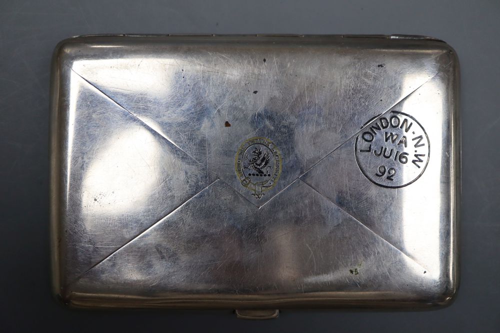 A late Victorian novelty silver and enamel cigarette case/vesta case, modelled as a posted letter, London, 1892, 11.9cm, gross 5.5oz